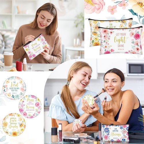 Geelin 24 Pcs Christian Gifts Bulk for Women 12 Floral Religious Canvas Makeup Bags 12 Bible Verse Compact Mirrors Inspirational Church Party Gifts for Women Mother Sister