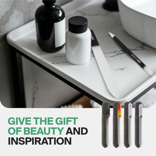 GERMANIKURE 2 Pc Black Glass Nail File Set with Suede Sleeves - Fingernail File & Small Travel Nail File - Professional Manicure & Pedicure Kit for Natural Nails - Ethically Made in Czech Republic