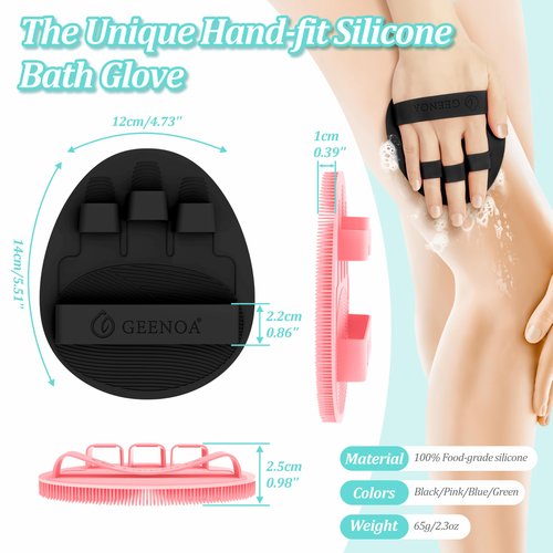 GEENOA Upgrade Silicone Bath Glove 2PCS, 360° Anti-Slip & Enlarged Silicone Body Scrubber for Rich Foam Deep Cleaning, Revolutionary No-Grip & Hand-fit Shower Scrubber for All Skin Types(Black+Pink)