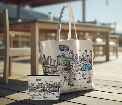 Beary Blu Cities Around the World Artwork Cosmetic Bag Series – Designed in USA, Travel Makeup Bag with Zipper, Souvenir Gift for Women, Artwork Organizer for Purse or Toiletry (San Diego)