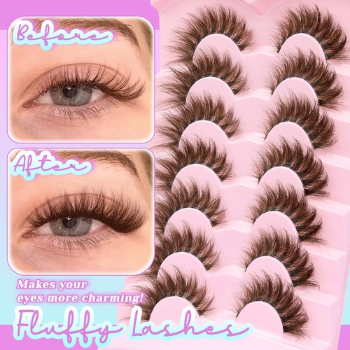 Losha Brown Lashes Volume False Eyelashes Fluffy Cat Eye Lashes 7 Pairs Crisscross Lashes Strips with Clear Band 8-18mm Thick Fake Eyelashes (FC03 Brown)