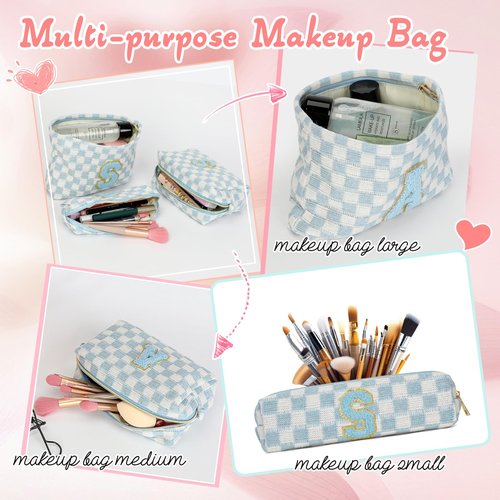 Silongder 3 Pcs Makeup Bag Cosmetic bags for women Large Capacity Checkered Cosmetic Bag Canvas Travel Toiletry Bag Organizer Cute Makeup Bag Mother's Day Birthday Gift for Women (Blue S)