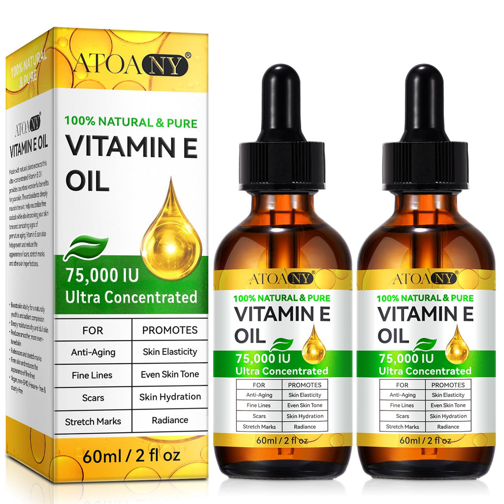 Vitamin E Oil 75,000 IU 2 Pack - 100% Pure Vitamin E Oil for Skin, Face, Hair, Body - Natural Antioxidant for Dryness, Wrinkles, Scars & Stretch Marks, Deep Hydration for Soft, Glowing Skin