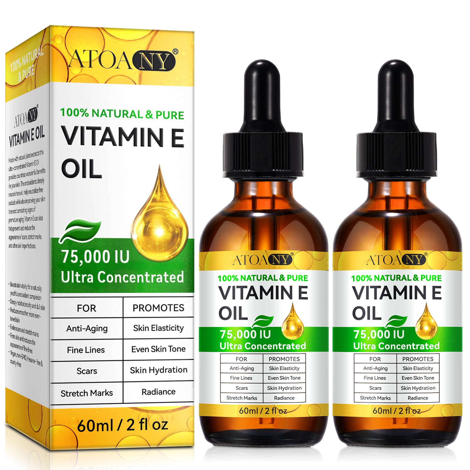 Vitamin E Oil 75,000 IU 2 Pack - 100% Pure Vitamin E Oil for Skin, Face, Hair, Body - Natural Antioxidant for Dryness, Wrinkles, Scars & Stretch Marks, Deep Hydration for Soft, Glowing Skin