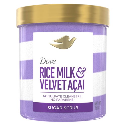 Dove Body Scrub Velvet Acai & Rice Milk For Women For Exfoliated & Hydrated skin 15 OZ