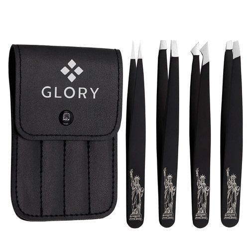 Glory 4-Pcs Precision Eyebrow Tweezers Set Professional Stainless Steel Brow Tweezers for Eyebrows, Ingrown Hair, Facial Hair, Chin Hair & Splinters with American-Inspired Design