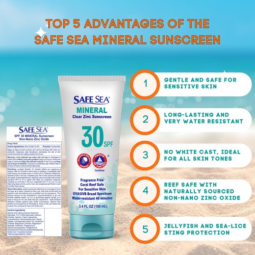 Safe Sea Zinc Oxide Sunscreen SPF30 | Clear Mineral Face And Body Reef Safe Sunscreen Without White Cast | Anti-Jellyfish Sting Protective Lotion | 3.4Oz (100ml) (1 Pack)