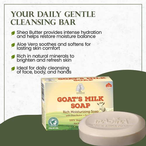 Madina Goat Milk Soap Bar – Hydrating, Moisturizing, Nourishing, Natural Vegetable-Based, Gentle Cleanser for All Skin Types, RSPO & Halal, 6 Pack (3.5 oz Each)