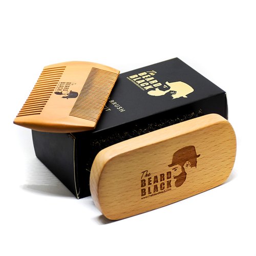 Beard Brush & Comb Set for Men - Natural Boar Bristle Brush, Dual Action Pear Wood Comb, Gift Box & Travel Pouch. Enhances Growth & Styling with Balm Oil Distribution by The Beard Black (Black)