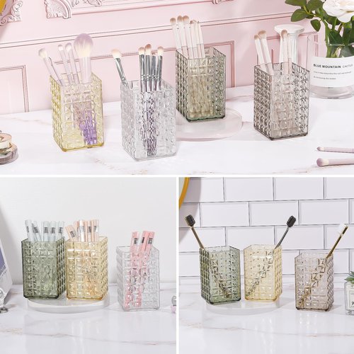 DASITON Makeup Brush Holder Organizer, Acrylic Makeup Brush Cup, Diamond Striped Make Up Brush Holder for Vanity, Bathroom Countertop, Toothbrush Holders, Pen Holder for Desk Storage (Green)