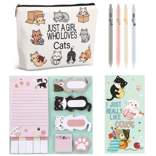MotiMind 6 Pcs Cute Cat Stationery Set Pens Sticky Notes Makeup Bag Pencil Pouch for Girls Women Cat Lovers Christmas Gifts School Office Supplies