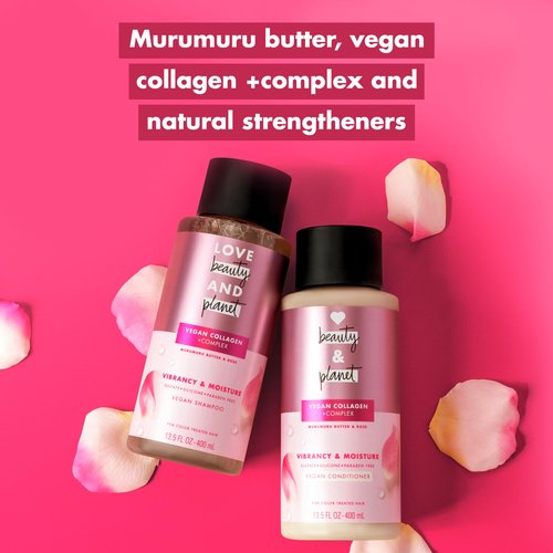 Love Beauty and Planet Vegan Collagen Moisture Shampoo Murumuru Butter & Rose Pack of 4 for Color-Treated Hair Vibrancy, 13.5 oz