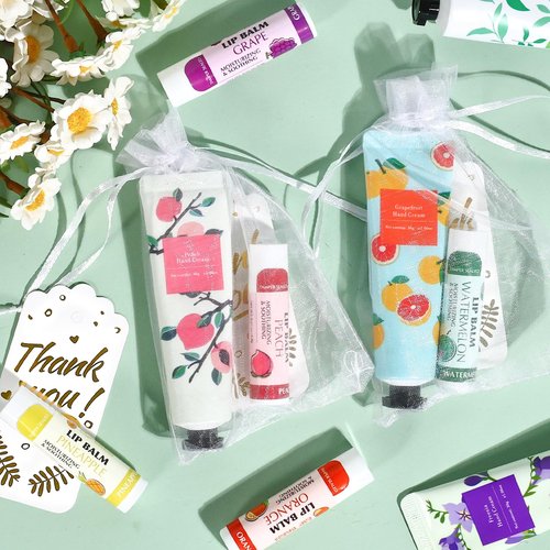 AZEN 24 Sets Bulk Gifts, Hand Cream and Lip Balm Bulk Set with Organza Bag Thank You Card, Baby Shower Wedding Gifts for Guests, Bridal Wedding Favors, Valentines Gift for Women