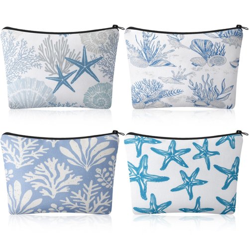 Sunnymove 4 Pack Coastal Cosmetic Bags Beach Themed Gifts Starfish Seashell Conch Coral Makeup Pouches Zippered Travel Toiletry Bags for Women Beach Summer Trip Organizer Set(Fresh)