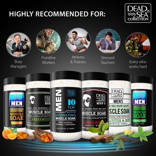 Dead Sea Collection Bath Salts for Men - Muscle Recovery Bath Soak - TOP 10 Active Mens Pure Dead Sea Salt for Soothing and Relaxing - 37 Oz