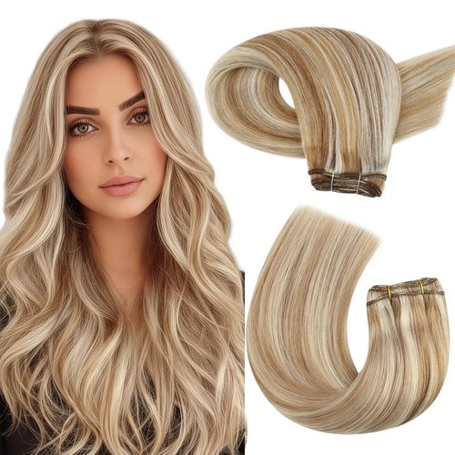 Moresoo Sew in Weft Hair Extensions Unprocessed Human Hair Bundles Highlight Color #6 Medium Brown and #60 Platinum Blonde Remy Human Hair Straight Bundles Short Hair Extensions 100g 14 Inch