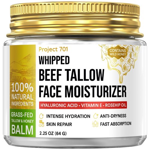 PROJECT 701 Beef Tallow for Face and Skin - Grass Fed Tallow and Honey Balm, Face Moisturizer with Liposomal Hyaluronic Acid - Day and Night Cream for Dry Sensitive Skin, Glass Jar 2.25 oz
