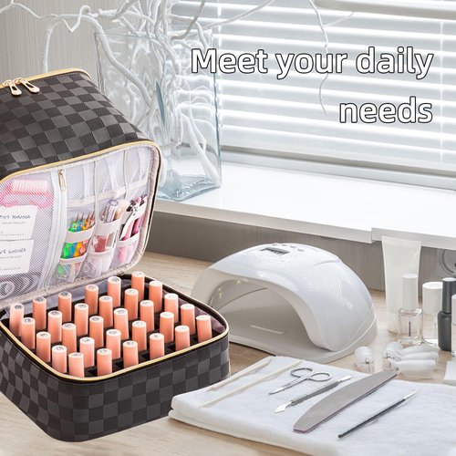 KGMCARE Portable Nail Polish Organizer Bag with UV Light Case - Holds 30 Bottles and 1 UV Nail Lamp, Double-Layers Nail Dryer Case for Gel Nail Polish Kit, Nail Art Decorations（Checkered Black）