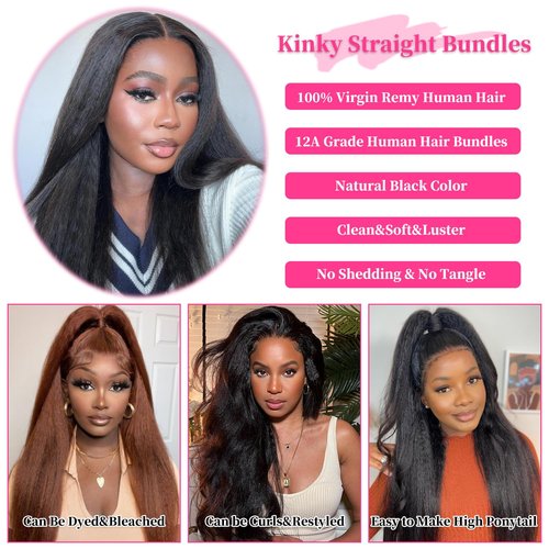 Fopeela Kinky Straight Bundles 14 Inch 100% Unprocessed Brazilian Virgin Remy Hair Kinky Straight Human Hair Bundles 1 Bundles Sew in Yaki Straight Bundles For Black Women