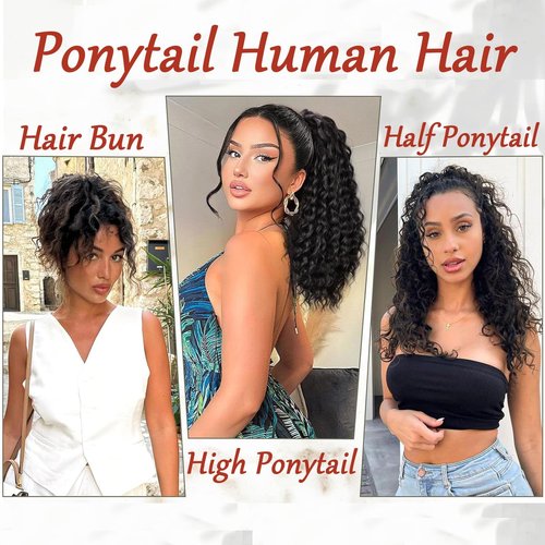 SAKALAKA Ponytail Extension Drawstring Human Hair Clip in Pony Tail Extensions for Black Women Curly Wave Thick Natural Looking Hair Pieces Water Wave Human Hair Ponytail（16Inch）