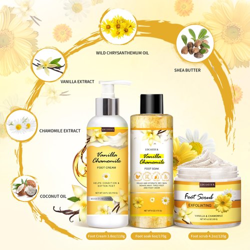 LUCOTIYA Foot Soak Set Pedicure Kit, Vanilla chamomile Foot Soak Salts, File, Scrub & Urea Cream,Pedicure Supplies for Dry Cracked Feet for Women
