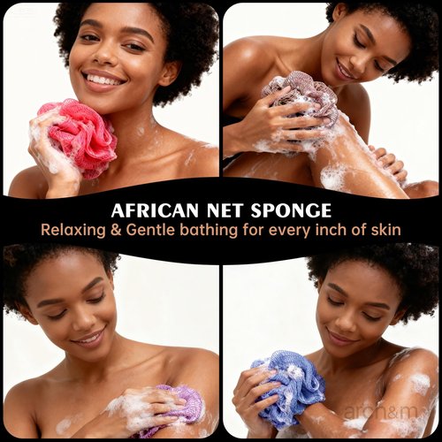 Authentic African Net Sponge Knots - Real African Bath Loofah Shower Sponges Afro Scrubber Body Exfoliating Washcloth Africa Bath Sponges for Back Scrub Shower Accessories Black + Champagne by ARCH&M
