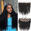 13x4 Lace Frontal Closure Ear to Ear Full Lace Frontal Closure Brazilian Deep Wave Human Hair Frontal Free Part Pre Plucked With Baby Hair 150 Density Natural Black 16 Inch
