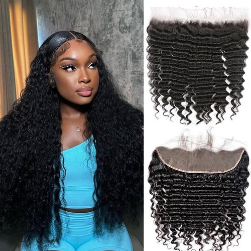 13x4 Lace Frontal Closure Ear to Ear Full Lace Frontal Closure Brazilian Deep Wave Human Hair Frontal Free Part Pre Plucked With Baby Hair 150 Density Natural Black 16 Inch