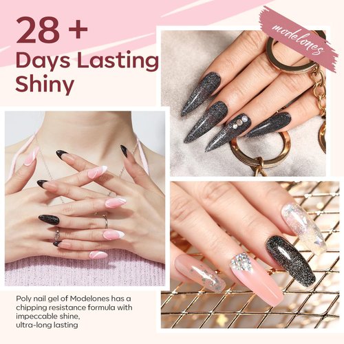 modelones Poly Gel Nail Kit 6 Colors with 8 W Nail Lamp Poly Extension Gel Clear Nude Pink Black Glitter Complete Starter Kit for Beginner DIY Salon Quality Manicures