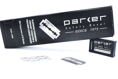 Parker 100‑Count Double Edge Safety Razor Blades – Premium Platinum‑Tungsten‑Chromium Coated Stainless Steel for Smooth, Long‑Lasting Shaves – Fits All DE Razors