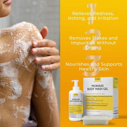 Body Wash | Psoriasis Treatment For Skin | Psoriasis Body Gel | Foaming Cleanser For Dry, Itchy, Red, Flaky, Scaly Skin w/Scrubber