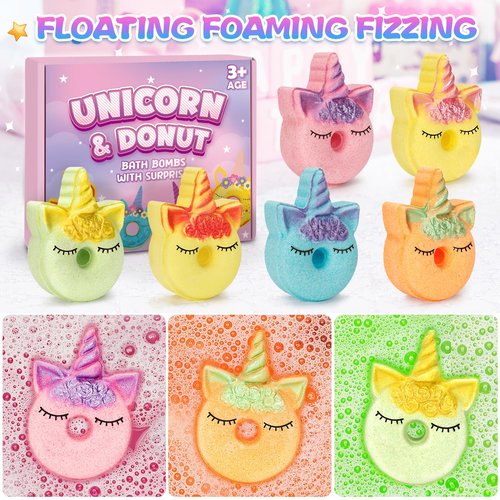 Unicorn Bath Bombs for Kids with Surprise Inside, 6 Pcs Organic Natural Bubble Bath Bombs for Girls,Christmas Birthday Gift for 3 4 5 6 7 8 Year Old Girl,Princess Bath Bomb Kit with Beautiful Toys