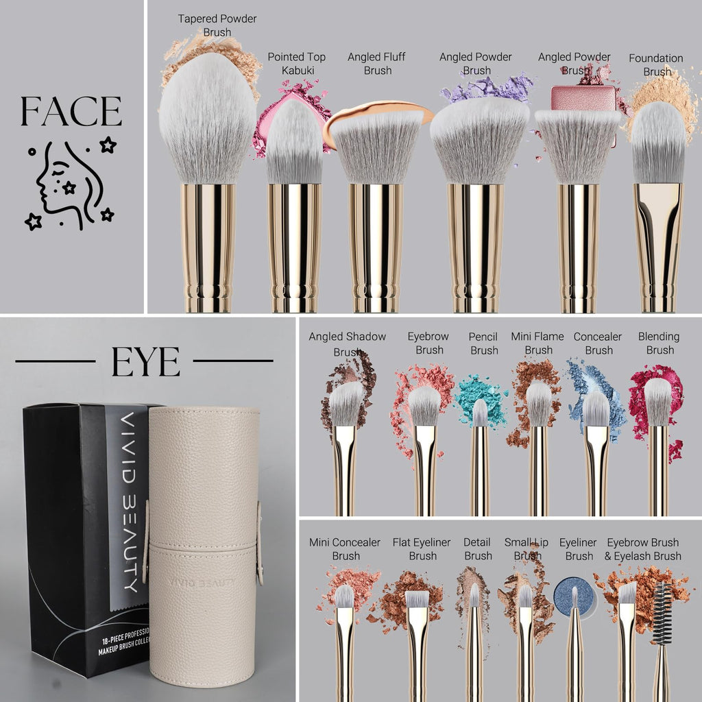 Vivid Beauty Makeup Brush Set, 18 Pcs Make up Brushes for Face and Eye with Travel Case – Natural Wood Handles – Unique Pointed Design, Makeup Brushes for Professional & Beginner Makeup Lovers (Gray)