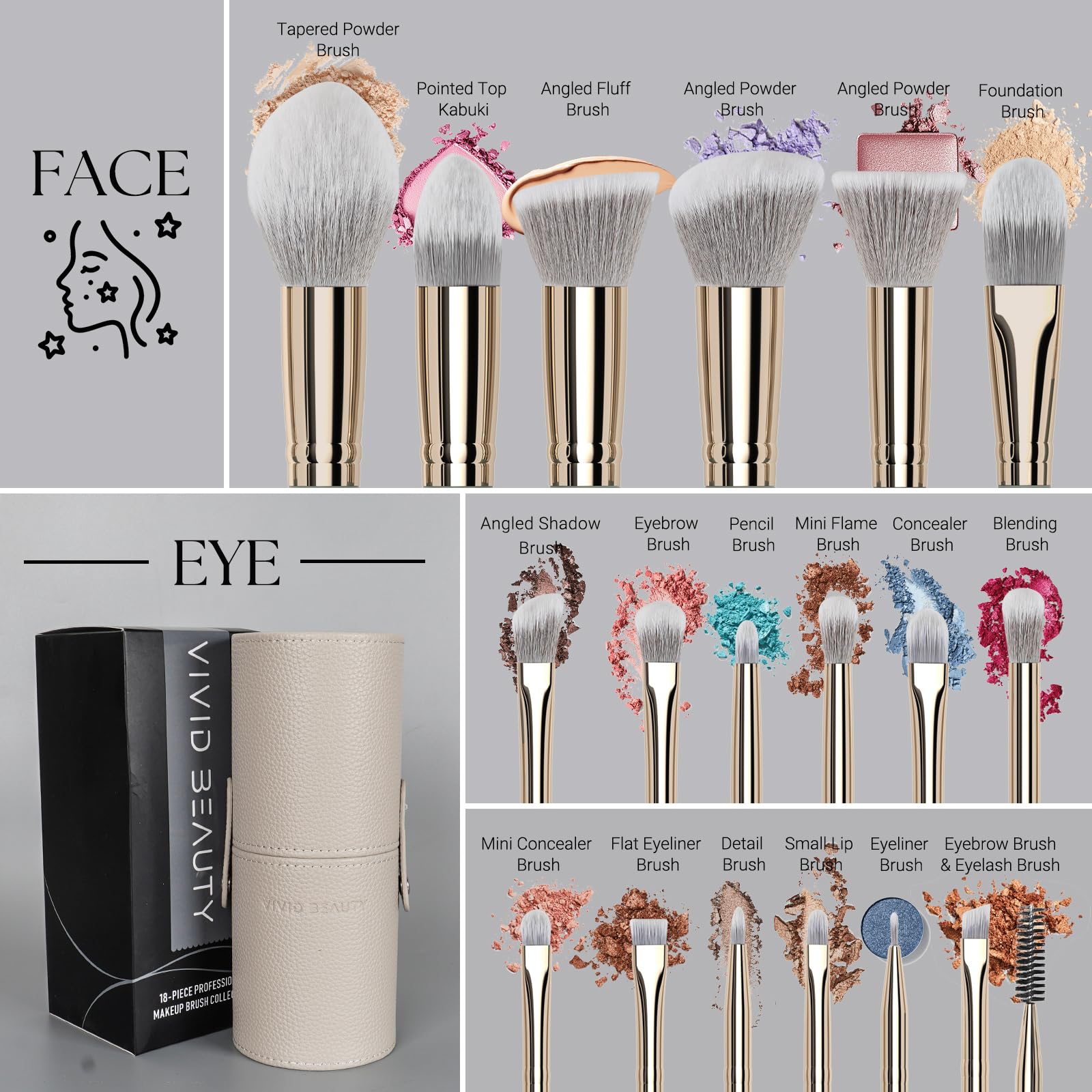 Vivid Beauty Makeup Brush Set, 18 Pcs Make up Brushes for Face and Eye with Travel Case – Natural Wood Handles – Unique Pointed Design, Makeup Brushes for Professional & Beginner Makeup Lovers (Gray)