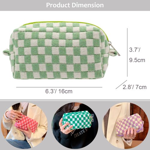 PAZIMIIK Checkered Makeup Bag - Portable Zipper Cosmetic Pouch for Travel | 6PCS Light Green