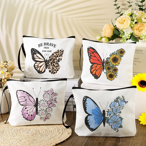 Cunno 4 Pcs Butterfly Makeup Bags for Women Canvas Cosmetic Butterfly Flowers Gifts for Girls Birthday Canvas Purse Travel Makeup Bags Zipper Pouch for Ladies Coworker