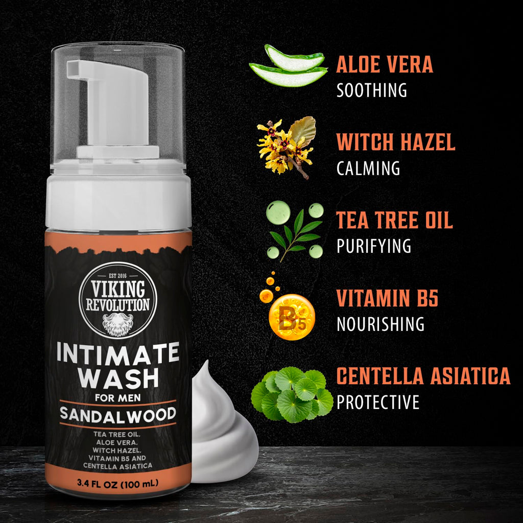 Viking Revolution Mens Intimate Wash - Foaming Body Wash Men with Aloe Vera, Tea Tree Oil, Witch Hazel - Cleaning, Refreshing Soap for Mens Hygiene Essentials - Stocking Stuffers for Men (3.4 fl oz)