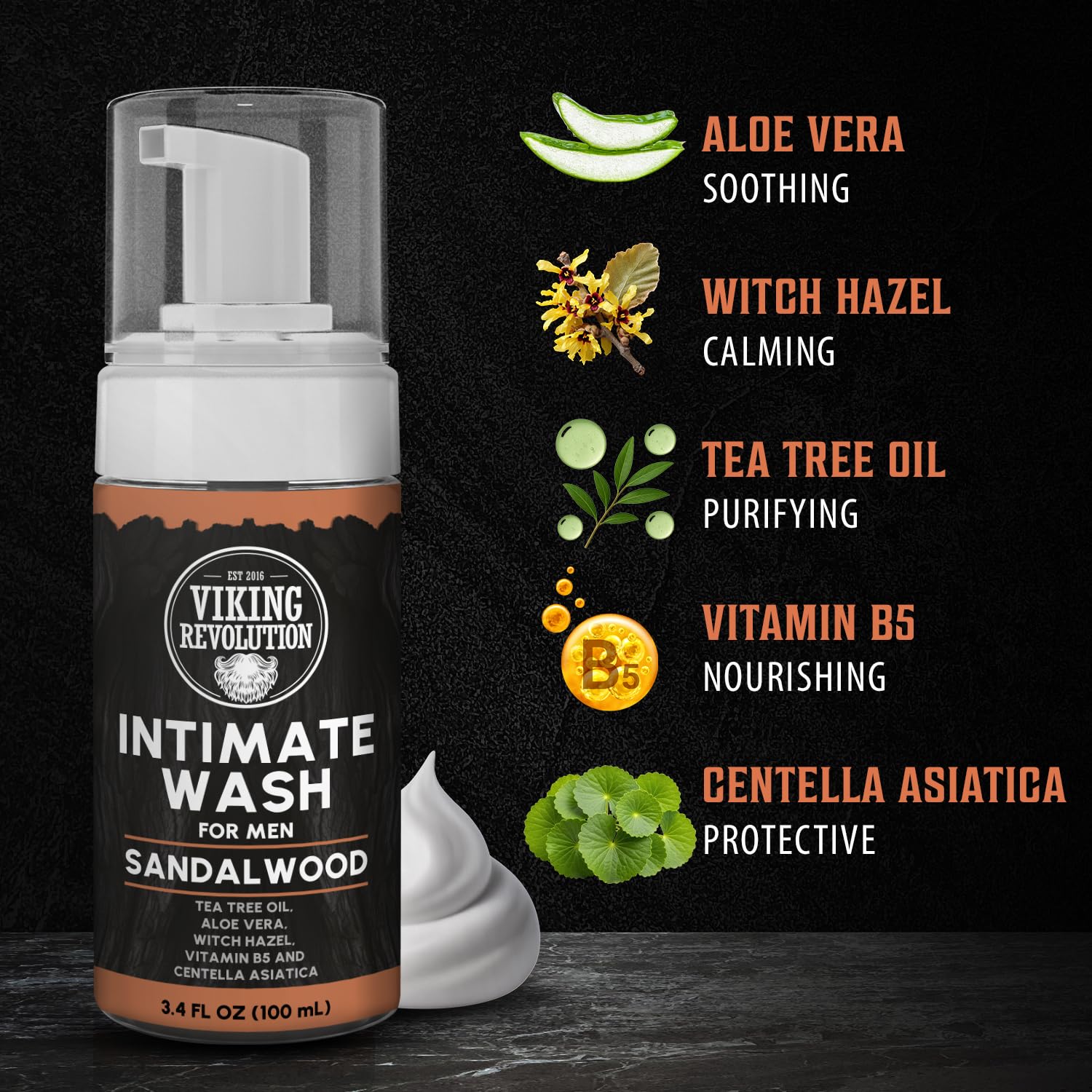 Viking Revolution Mens Intimate Wash - Foaming Body Wash Men with Aloe Vera, Tea Tree Oil, Witch Hazel - Cleaning, Refreshing Soap for Mens Hygiene Essentials - Stocking Stuffers for Men (3.4 fl oz)