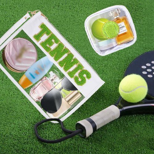 DMJRZTF 2 Pcs Tennis Snack Bags Team Gifts Cosmetic Makeup Bag with Chenille Letter Patch PVC Organizer Purse,Portable Zipper Waterproof Travel Storage Bag for Friends Women Girls