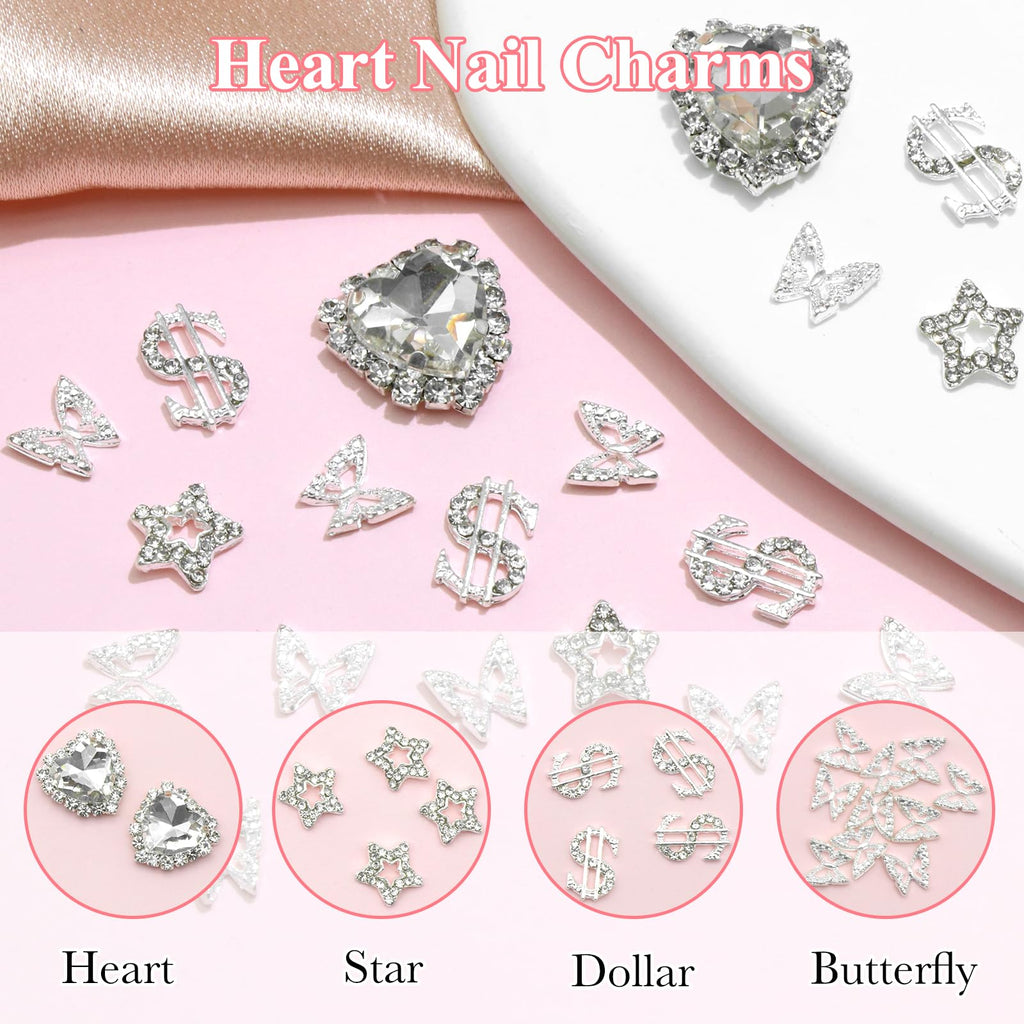YAEISM Nail Art Charms Kit - 3D Crystal Heart, Sliver Dollar Sign, Metal Butterfly, Silver Rhinestones, Star Nail Gems for DIY Crafts & Jewelry Decoration