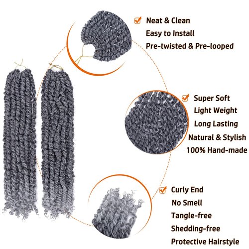 Passion Twist Hair 18 Inch Pre-twisted Passion Twist Crochet Hair for Women Pre-looped Water Wave Crochet Braids Bohemian Curly Crochet Hair Synthetic Hair Extensions 8 packs 1B/Gray