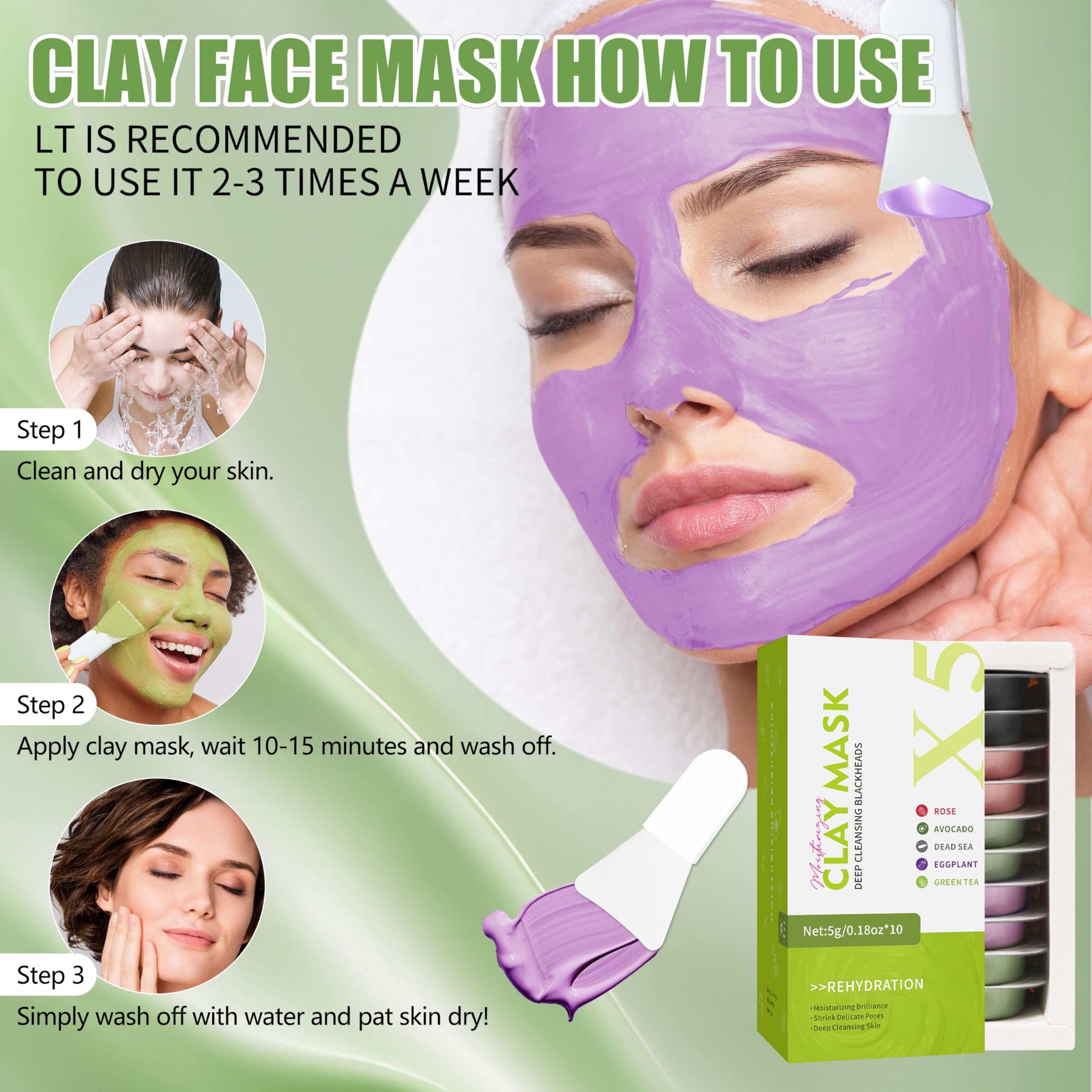 10 Pods Clay Facial Mask Set - Rose, Green Tea, Eggplant, Avocado, Dead Sea Mud, Mud Mask Deep Pore Cleansing Acne Blackhead Removal Men & Women Face Mask Skin Care,Two To Three Times A Week.