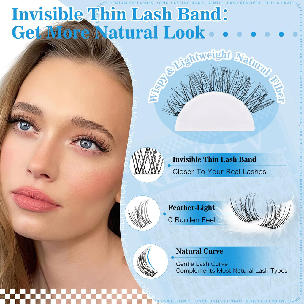 Wispy Lash Clusters Kit Venus Invisible Thin Band Natural Eyelash Clusters 8-16mm Lash Extension Kit Mix Length Clear Band Natural Look Cluster Eyelash Extensions With Lash Bond DIY Lash At Home