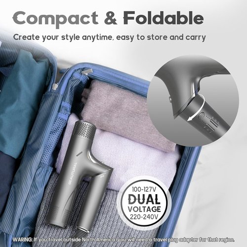 Beautural Hair Dryer - 1600W High-Speed Foldable Travel Blow Dryer | Fast Drying & Frizz Control, Gray