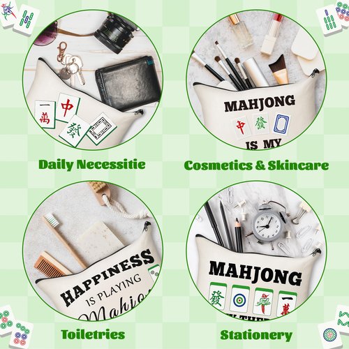 GioXtra Funny Mahjong Makeup Bag - 4Pcs Lucky Mahjong Tiles Gifts Travel Toiletry Zipper Organizer Cosmetic Bag Pen Purse Pouch for Women Board Game Lover Player Birthday Gift Travel Organizer Supply