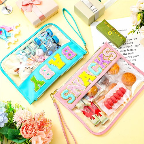 Buryeah 4 Pcs Chenille Letter Pouch Flat Nylon Clear Snack Bags Flat Multipurpose Zipper Makeup Bag for Travel Toiletry Bag Water-proof Cosmetic Pouch for Women(Simple Style)
