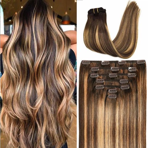 Savasana Clip in Hair Extensions Real Human Hair Straight 7 Pcs Balayage Clip in Hair Extensions Double Weft Thick Chocolate Brown to Caramel Blonde 14 Inch 80g