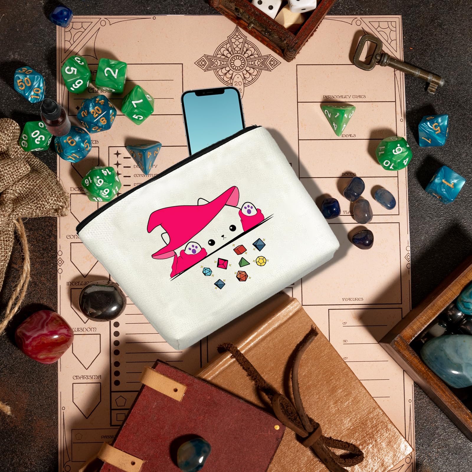 Virfuntaki DnD Gift Cat Throwing Dice Dungeon Master Gift DnD Holding Zipper Bag Cosmetic Pouch Gamer Dice Bag Tabletop RPG Tabletop Games Role Playing Decoration for Girl Women