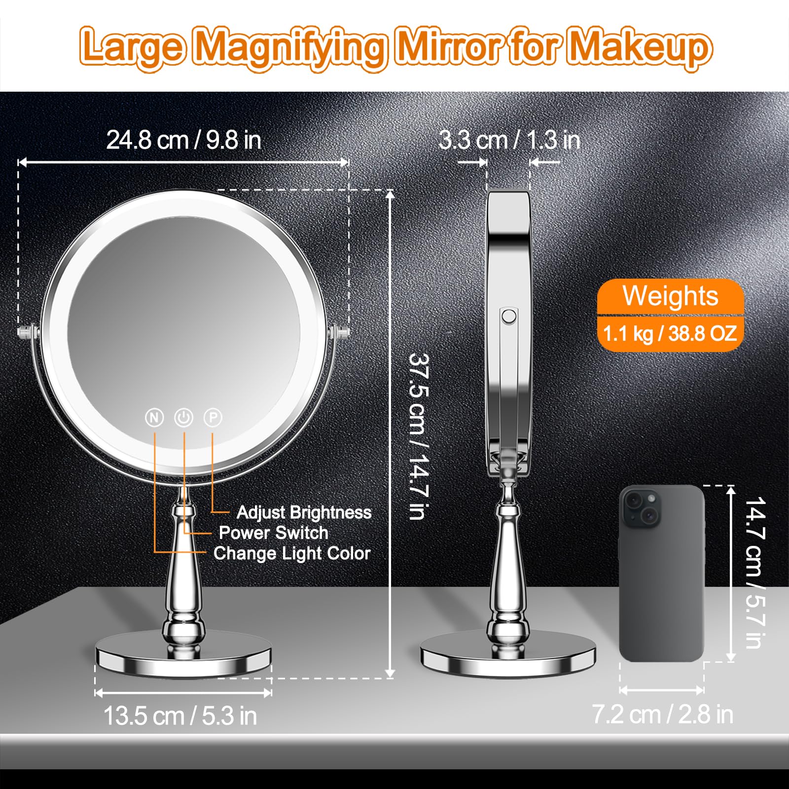 WOOCICA Makeup Mirror with Lights, 9 Inch 20X Magnifying Mirror with Light and 3 Colors for Women, Vanity Mirror with Lights and Adjustable Brightness, Lighted Magnified Mirrors for Delicate Makeup