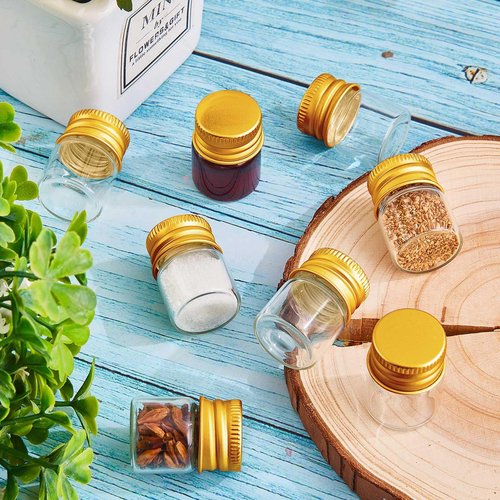 Tessco for you 100 Pcs 5 ml Mini Glass Bottles with Aluminum Cap Tiny Jars Mini Glass Jars Small Clear Vials with Screw Caps Tiny Containers for DIY Craft Storage (Gold)